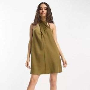 River Island Petite satin halter neck mini dress in khaki